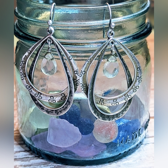 Silpada Double Sterling Silver Textured Hoops with Clear Glass Drops W1681 - Picture 3 of 7